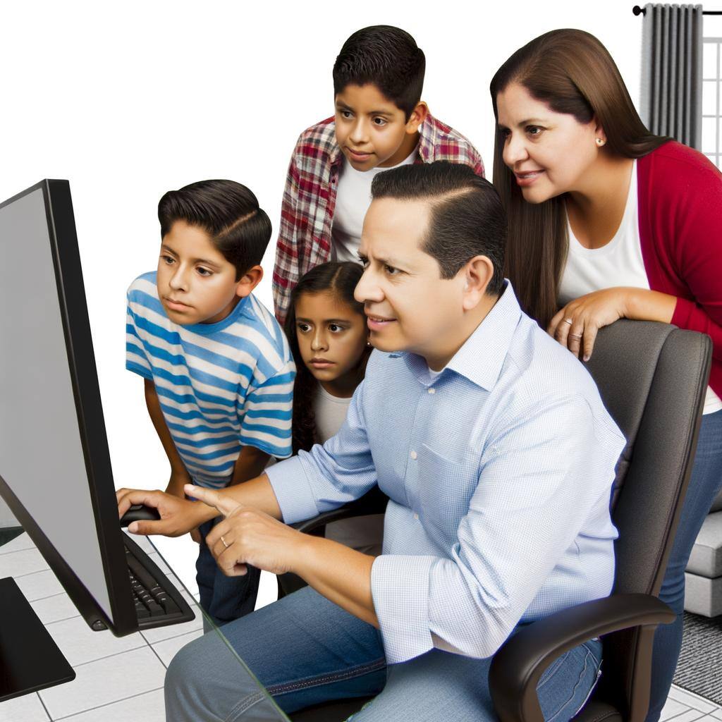 with a clear background a latin family reviewing a website